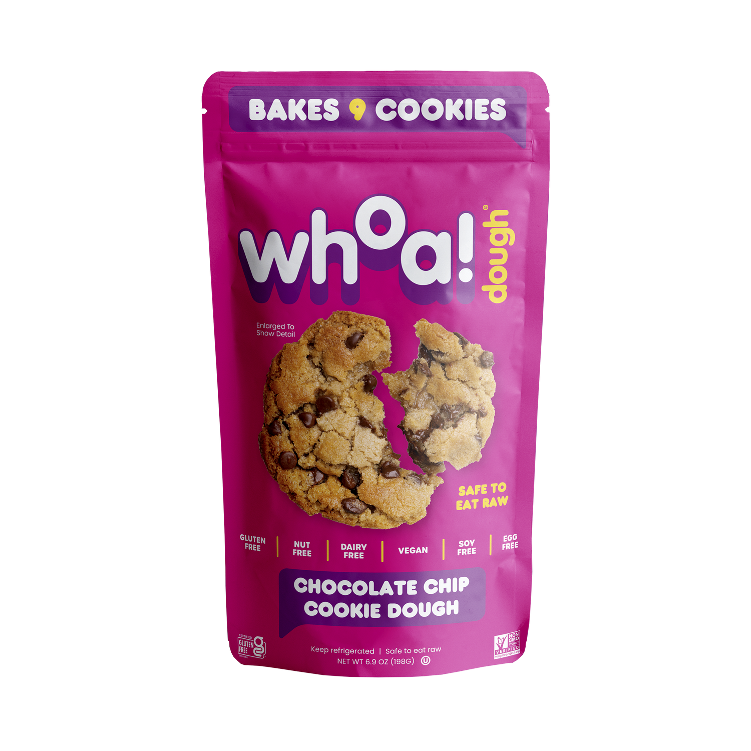 Pink package of whoa! dough chocolate chip cookie dough