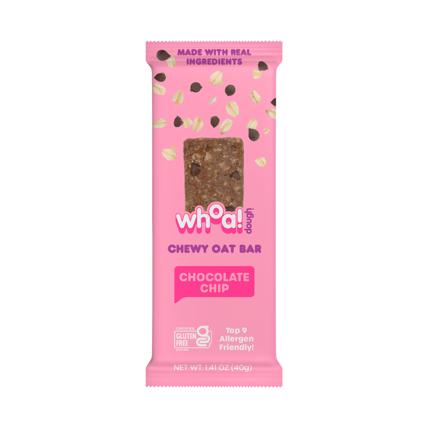 Pink package of a chewy oat bar with chocolate chips